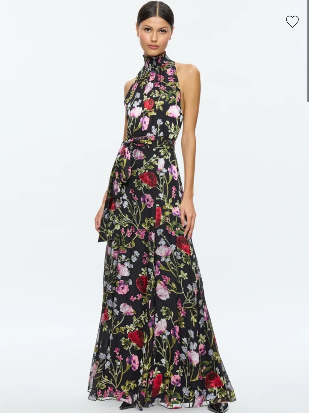 Alice + Olivia Black Floral Halter Maxi Dress with Tie Waist